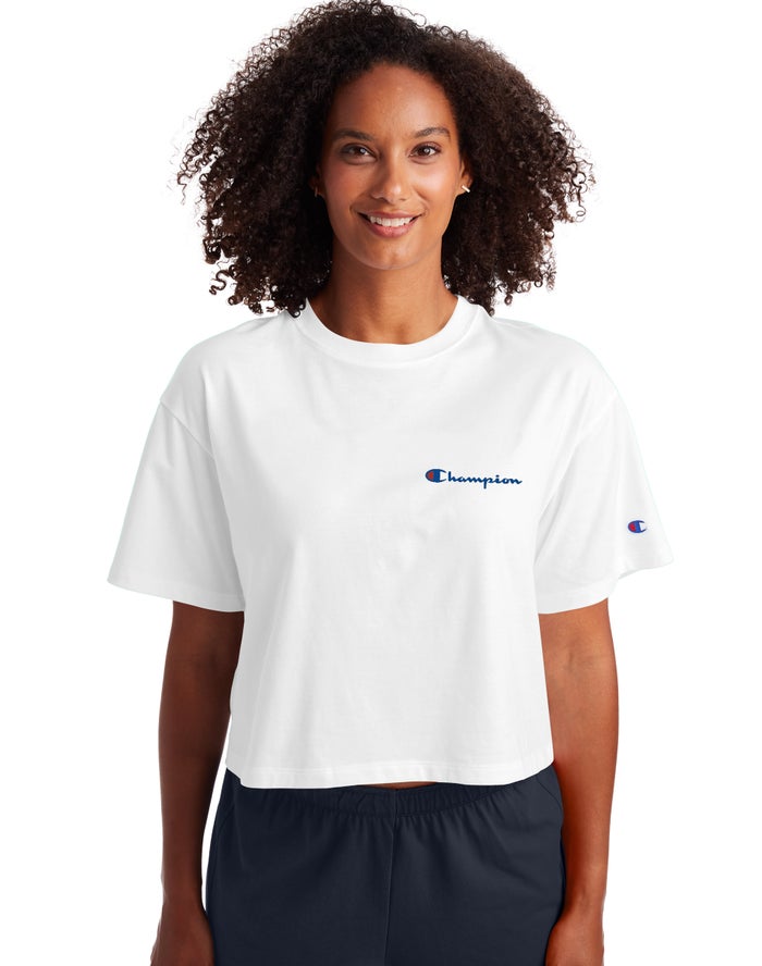 Champion T-Shirt Dames - Wit - Cropped Script Logo ( 581930-GZA )